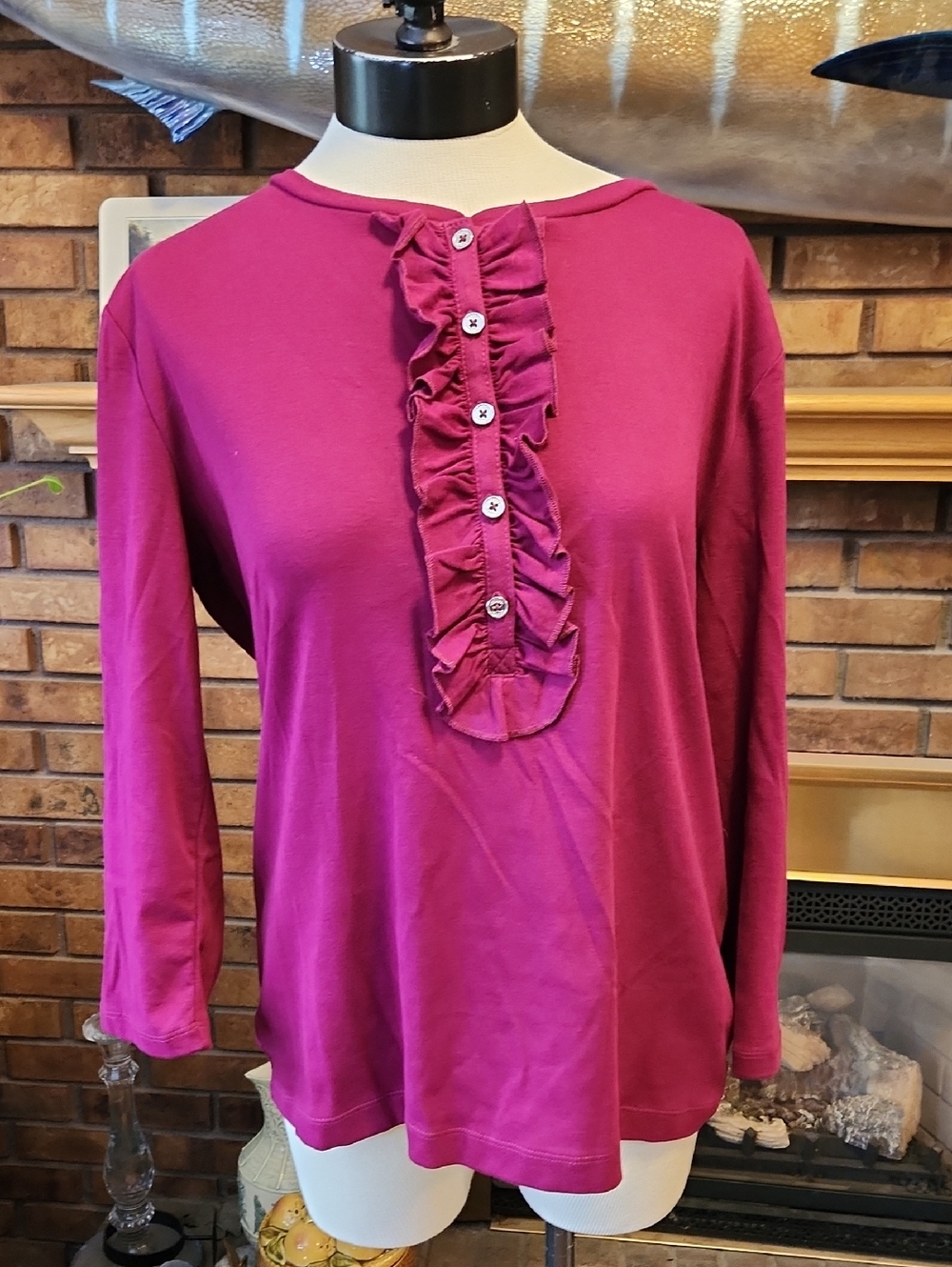 Chaps  Burgundy Or Magenta Ruffle-Front Long Sleeve Top Size XL 100% Cotton Soft